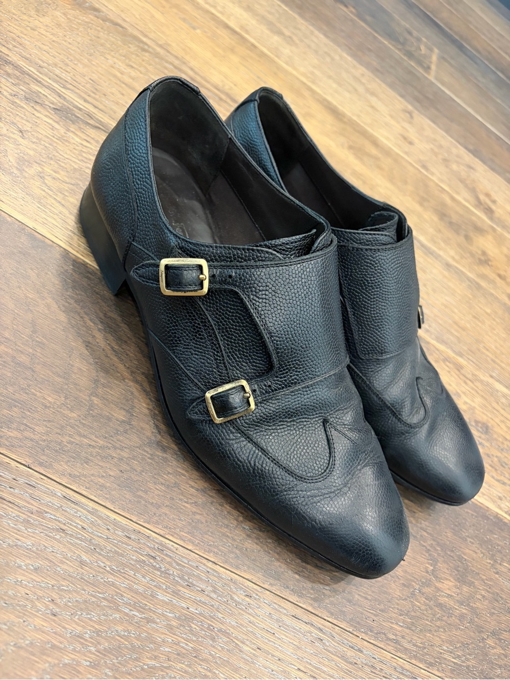 Salvatore Ferragamo Black Pebbled Leather Double Monk Shoes with Gold Buckles